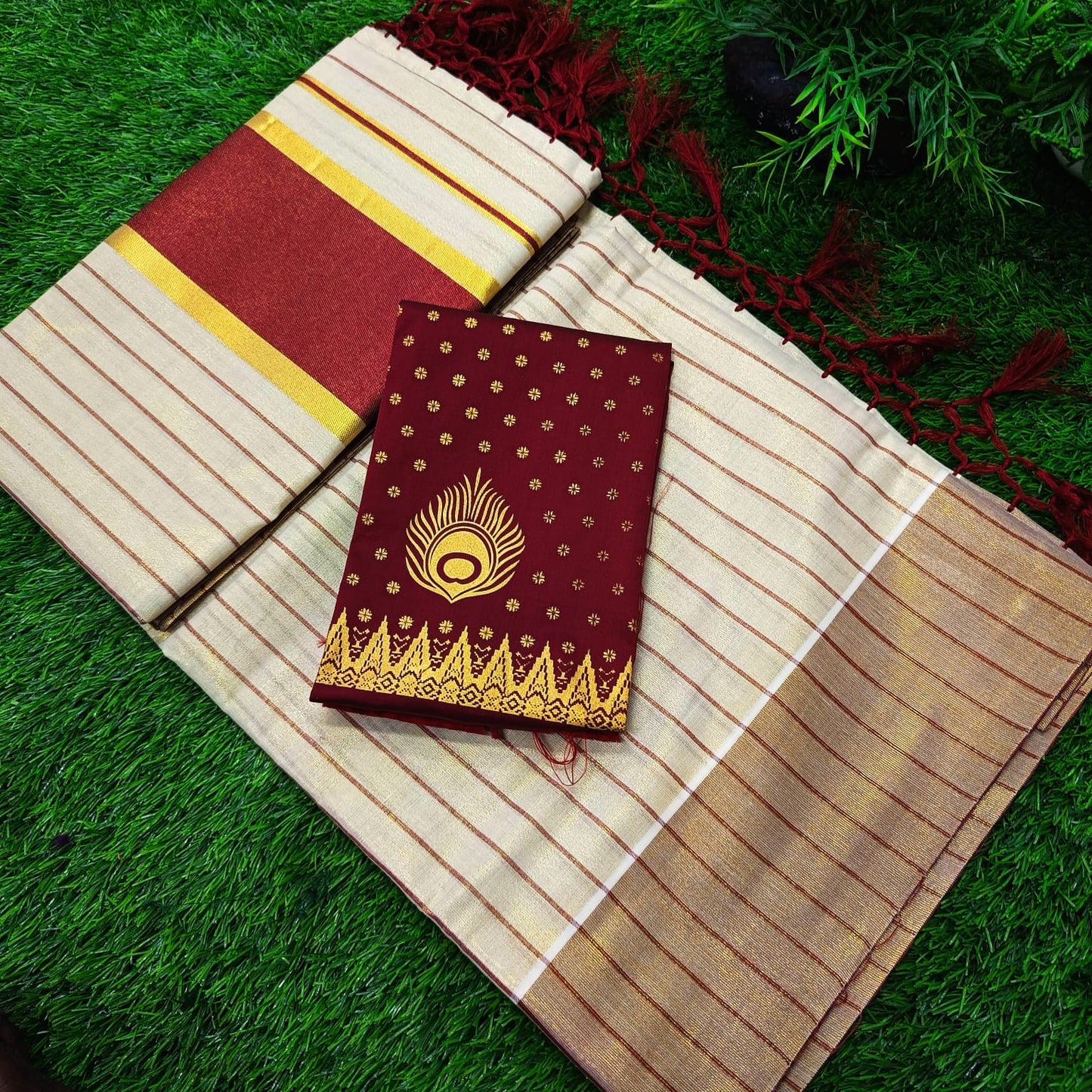 Golden Tissue Strips Saree Witn Tussules work