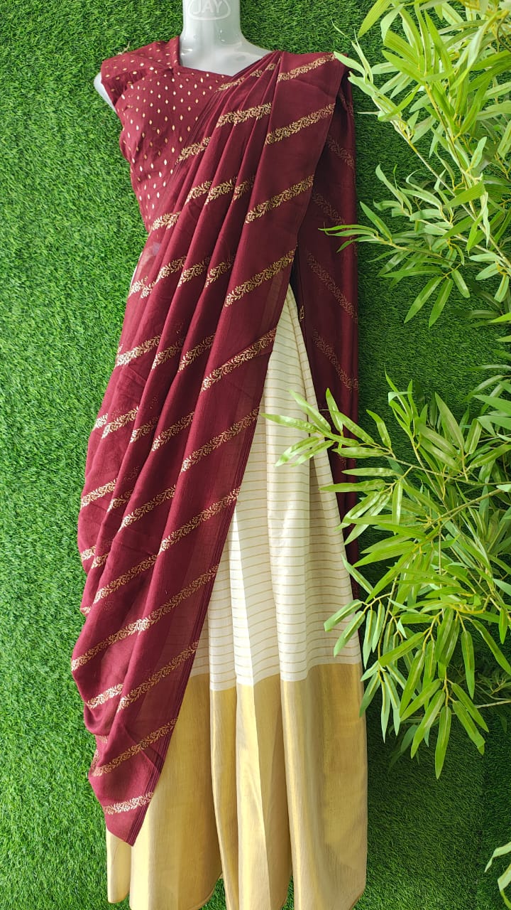 Trending Georgette+ Kasavu fusion Dhavani set