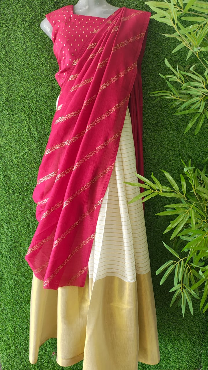 Trending Georgette+ Kasavu fusion Dhavani set