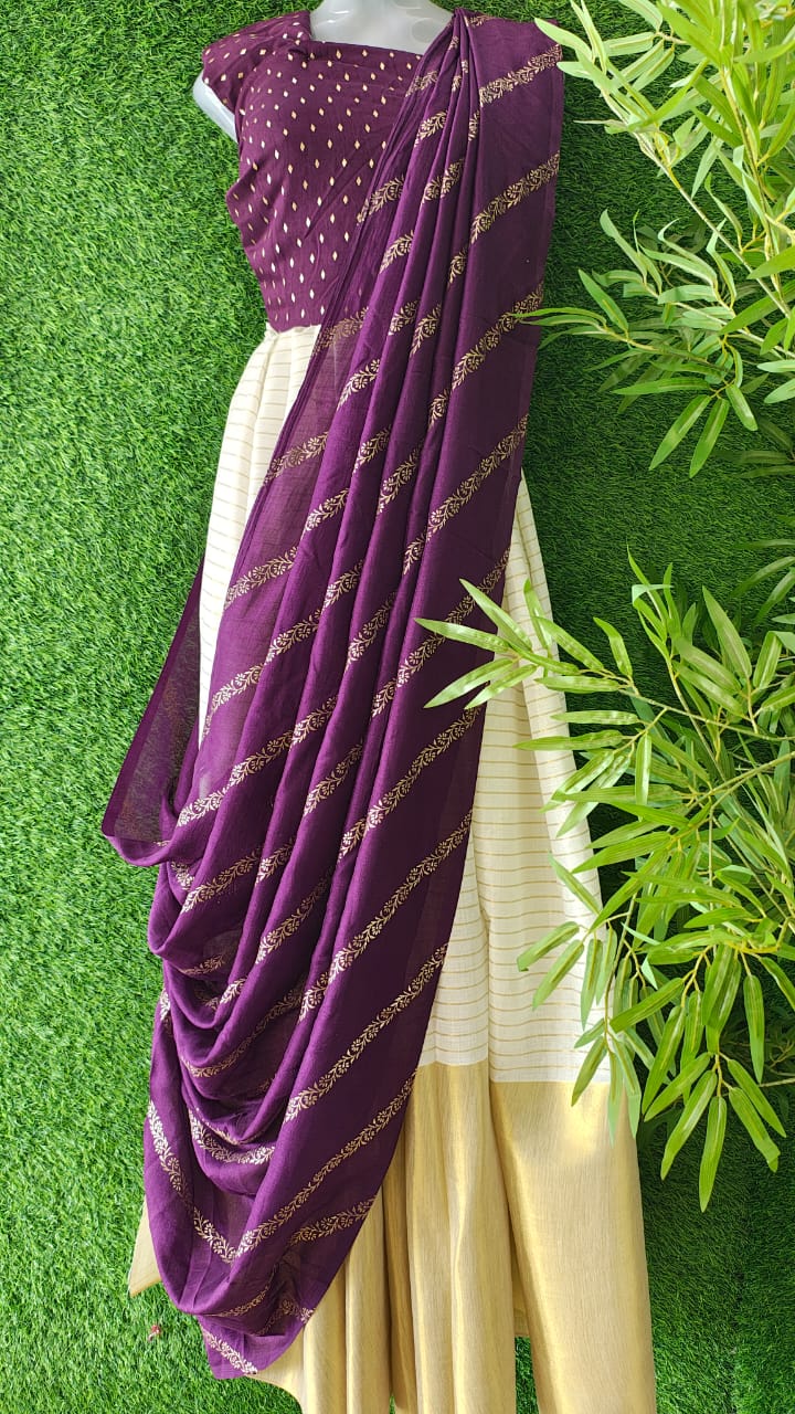 Trending Georgette+ Kasavu fusion Dhavani set