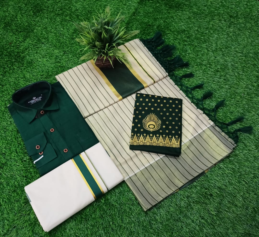 GOLD TISSUE STRIPES SAREE+SHIRT +DHOTIE