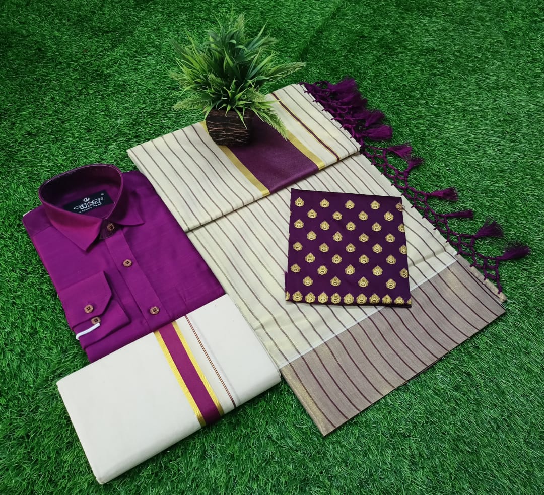GOLD TISSUE STRIPES SAREE+SHIRT +DHOTIE