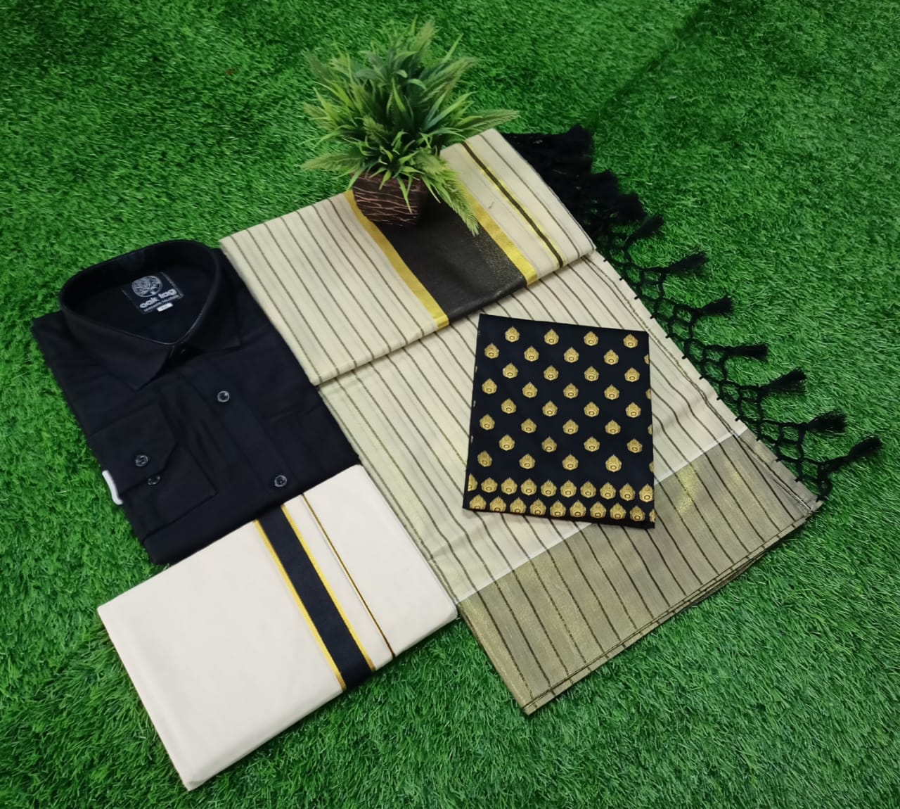 GOLD TISSUE STRIPES SAREE+SHIRT +DHOTIE
