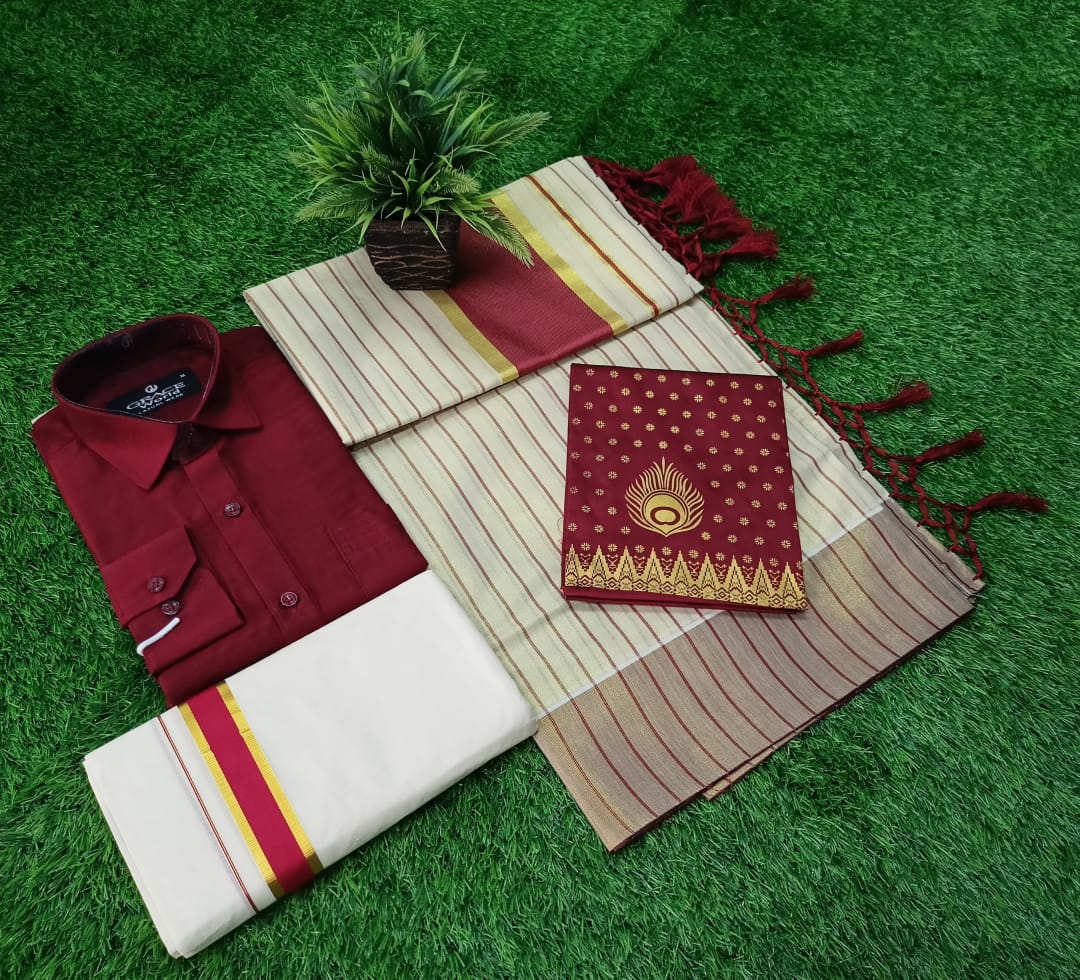 GOLD TISSUE STRIPES SAREE+SHIRT +DHOTIE
