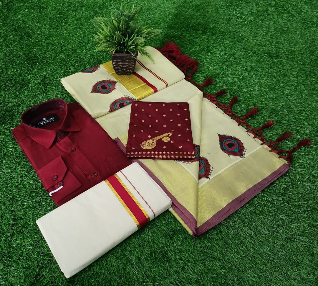 β€ Couple combo β€ π Peeli Print Golden tissue tussel saree+print blouse π
