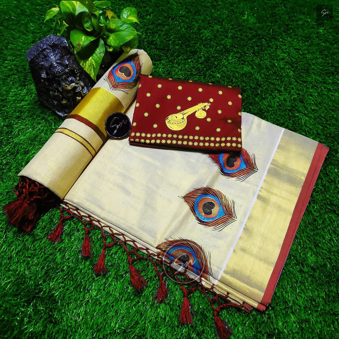 π Peeli Print Golden tissue tussel saree+print blouse π