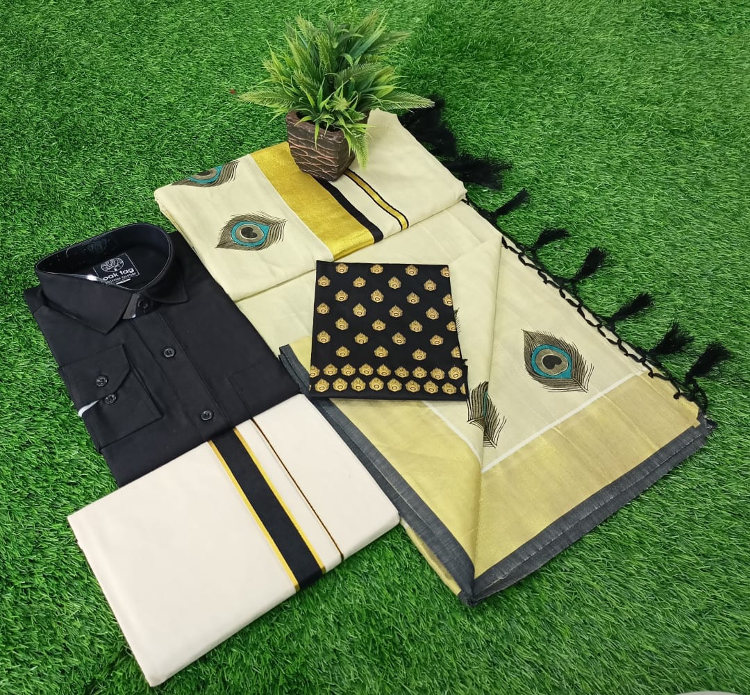 β€ Couple combo β€ π Peeli Print Golden tissue tussel saree+print blouse π