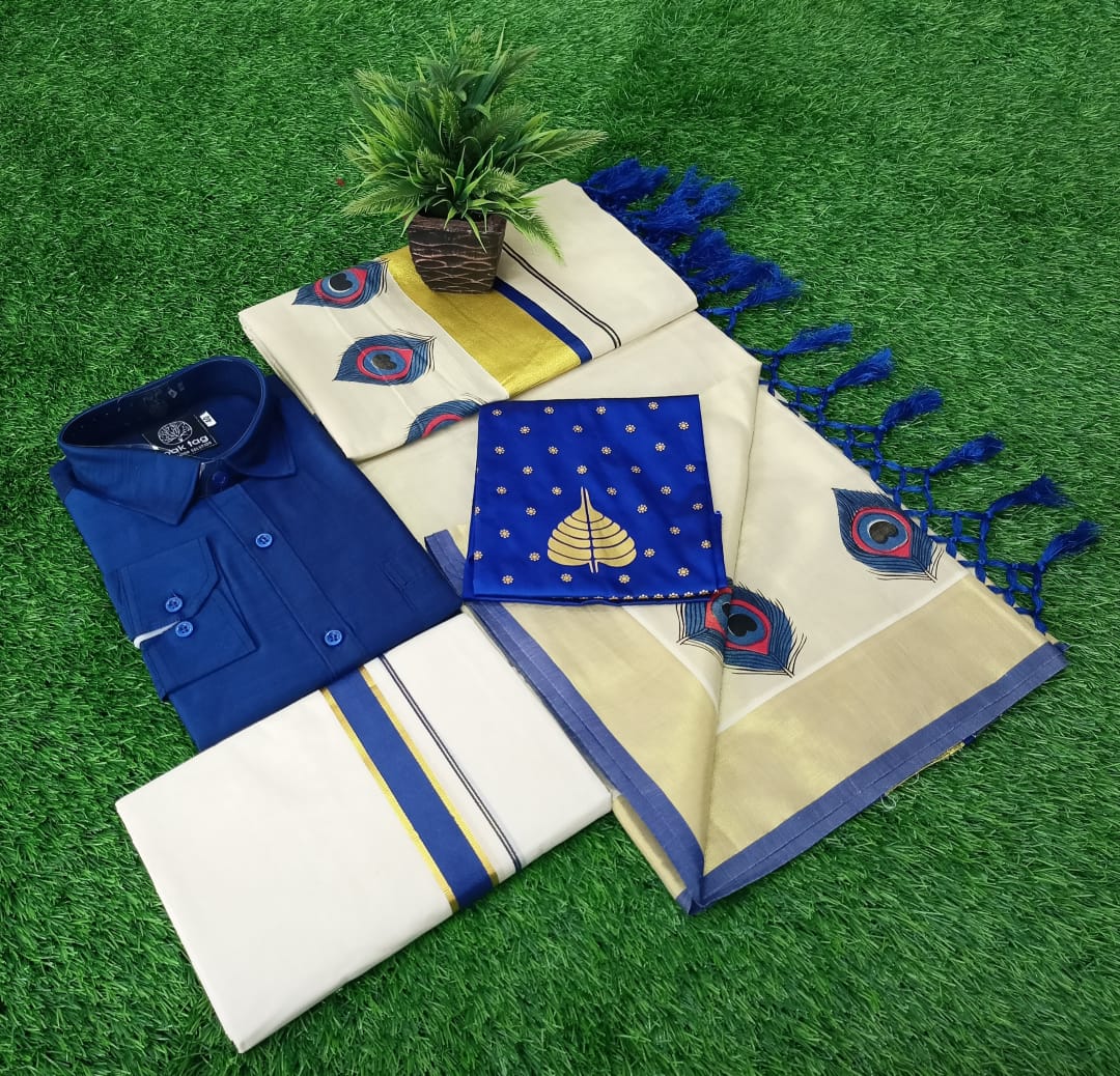 β€ Couple combo β€ π Peeli Print Golden tissue tussel saree+print blouse π