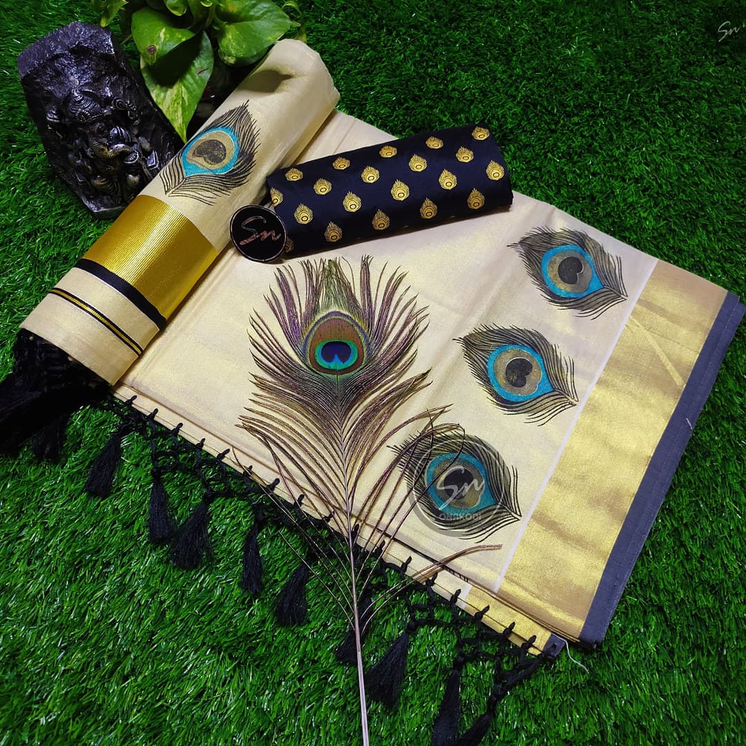 π Peeli Print Golden tissue tussel saree+print blouse π
