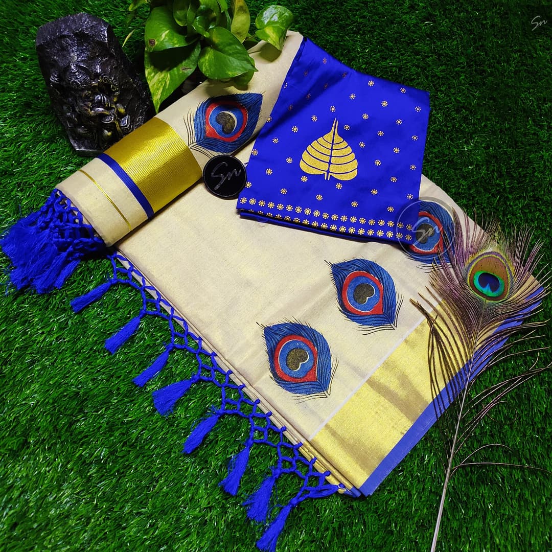 π Peeli Print Golden tissue tussel saree+print blouse π