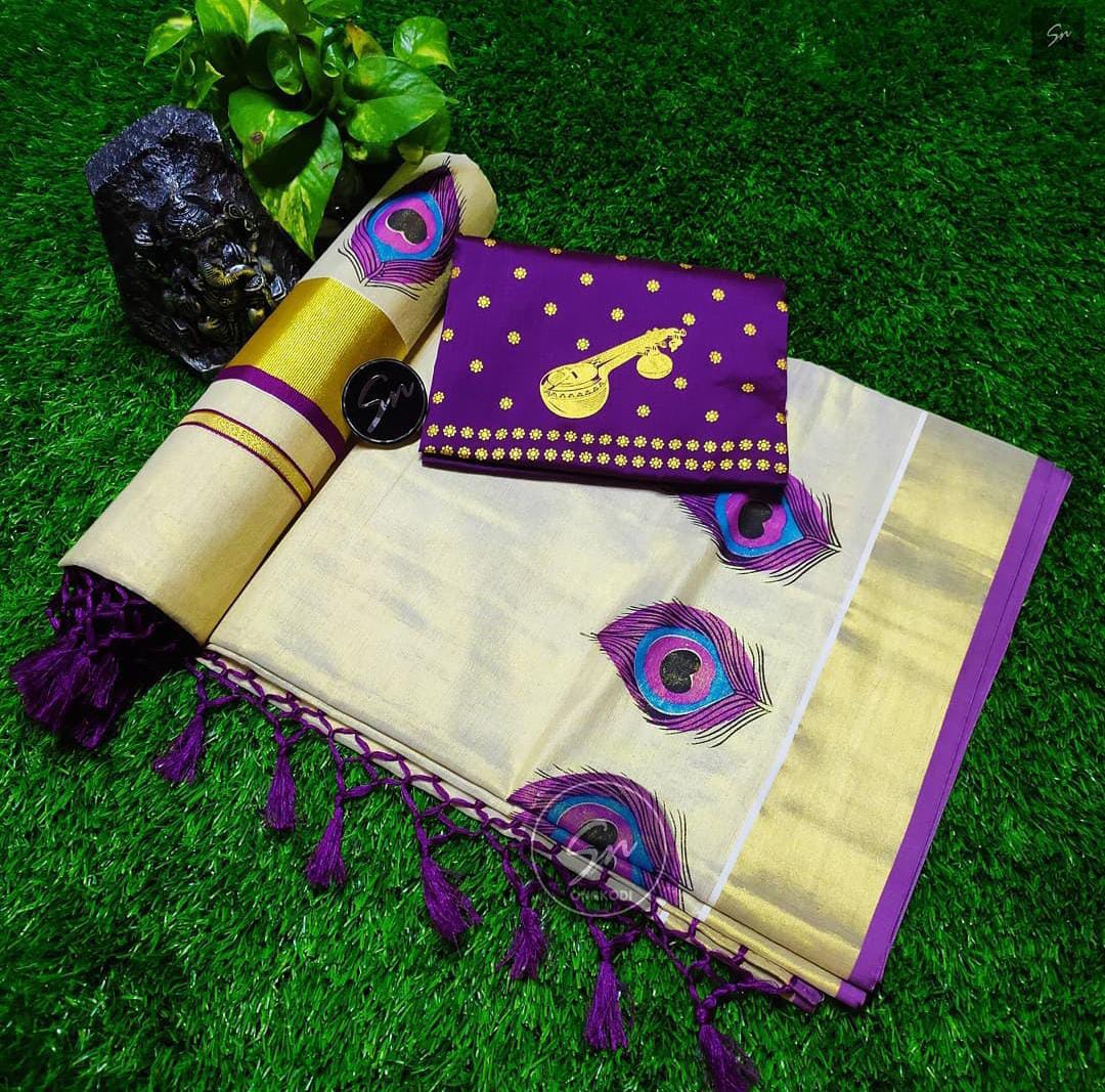 π Peeli Print Golden tissue tussel saree+print blouse π