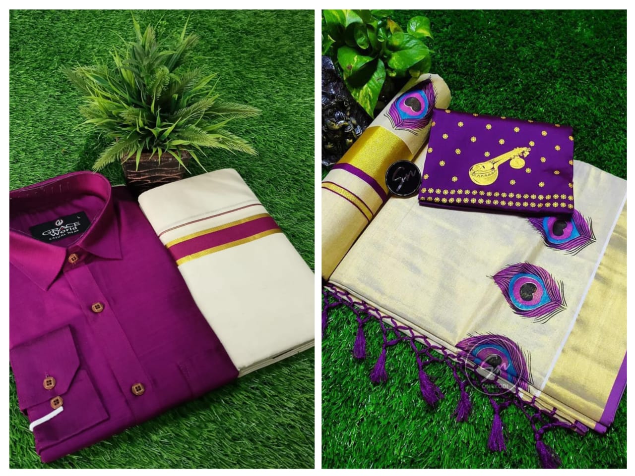 β€ Couple combo β€ π Peeli Print Golden tissue tussel saree+print blouse π