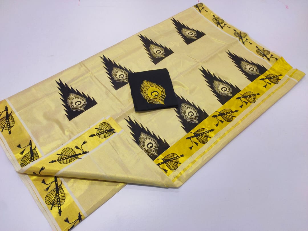 Printed golden Tissue saree With Matching printed Blouse