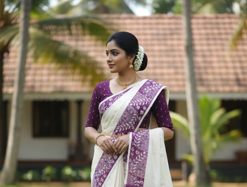 Elegant Printed Cotton Settu Mundu with Matching Blouse Piece♥️