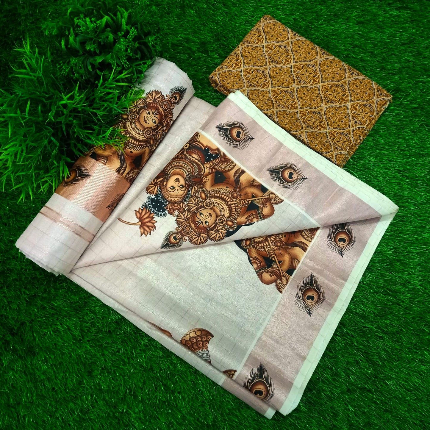 🌸 Rose gold tissue saree with mural print🌸