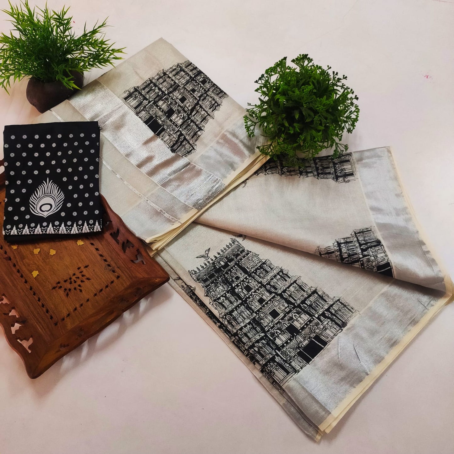 Temple Print Silver Tissue Saree