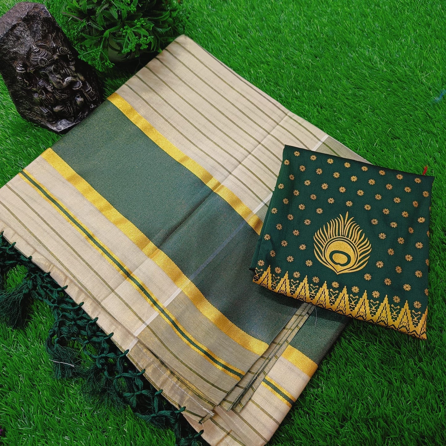 Golden Tissue Strips Saree Witn Tussules work