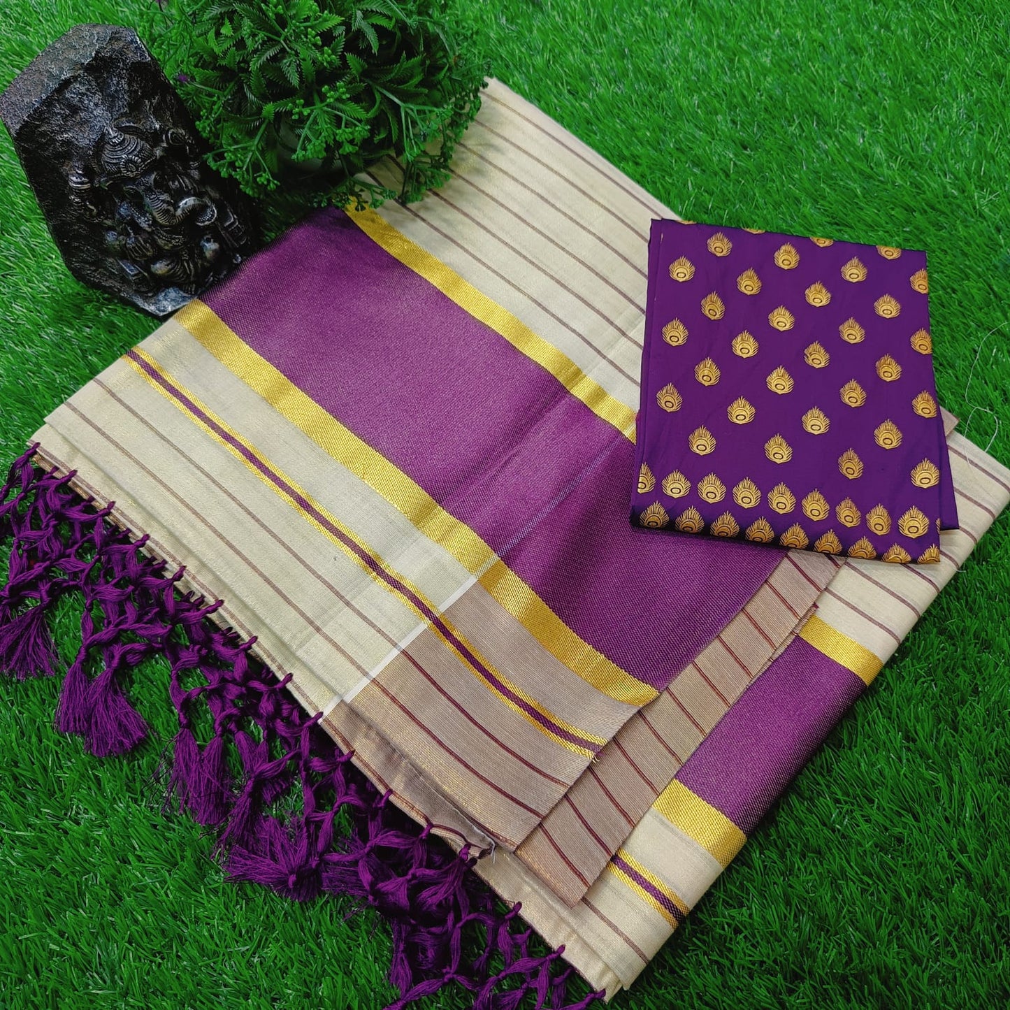 Golden Tissue Strips Saree Witn Tussules work