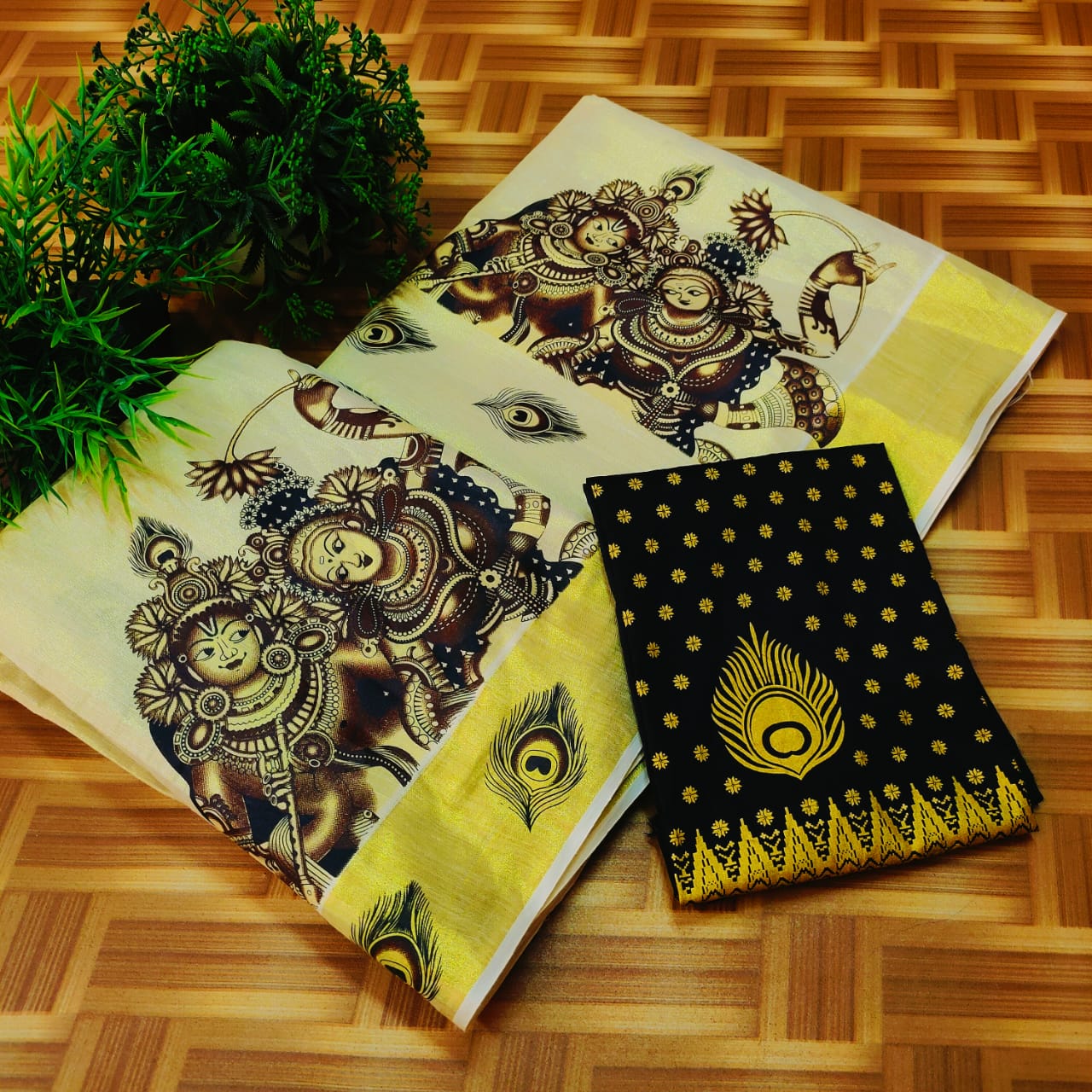 Printed Dhavani Set With Matching Printed Blouse