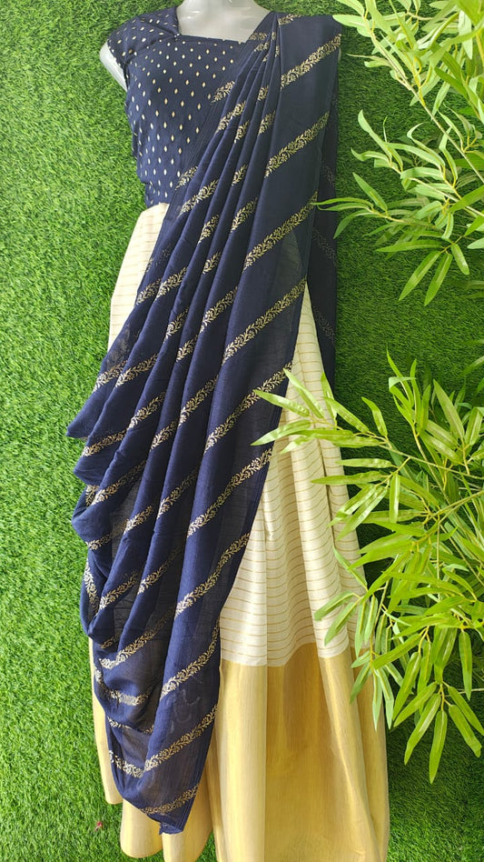 Trending Georgette+ Kasavu fusion Dhavani set