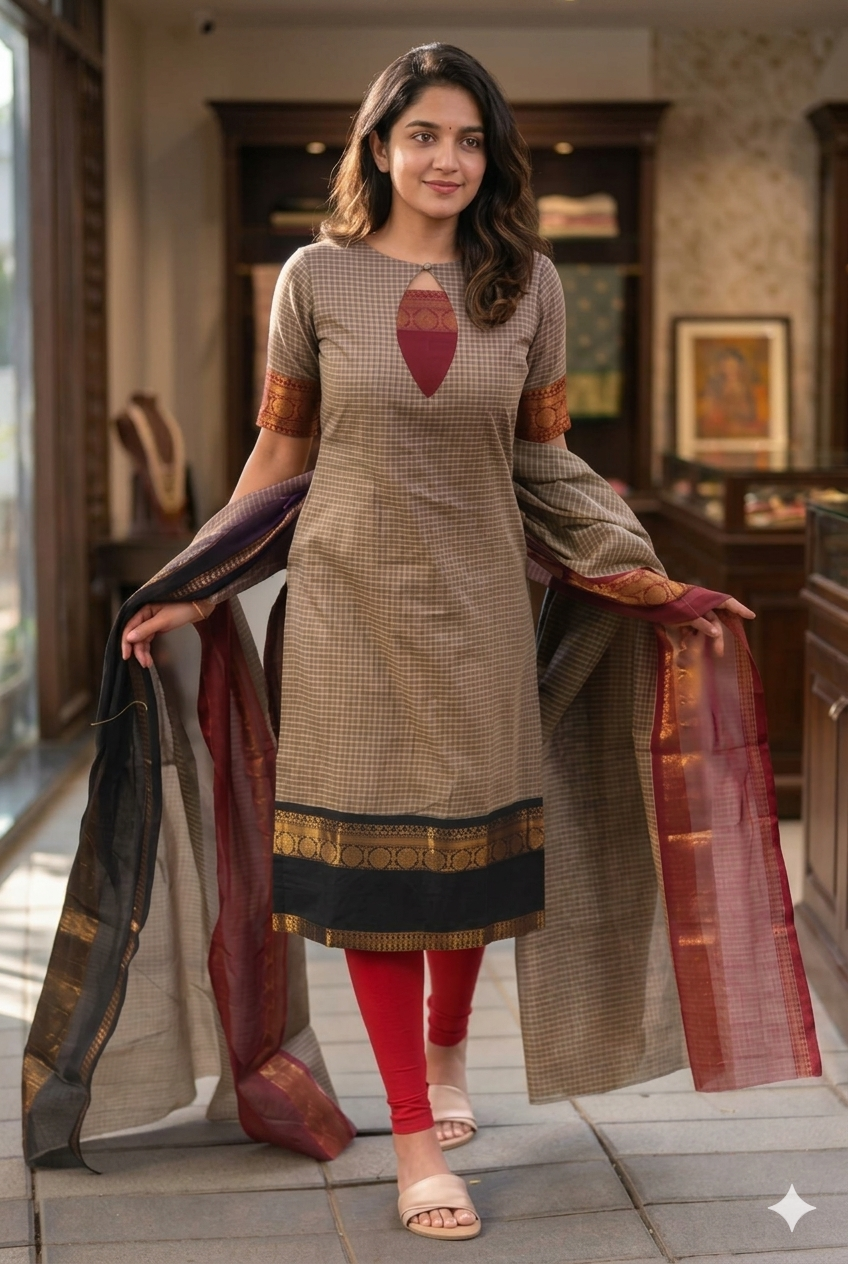 ♥️ Elegant Pure Cotton Kurti Set with Shawl♥️