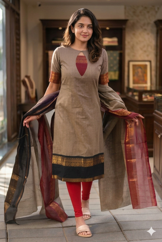 ♥️ Elegant Pure Cotton Kurti Set with Shawl♥️