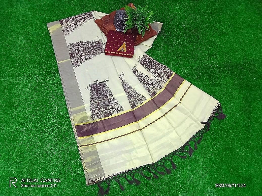 Kopuram Print Golden Tissue saree