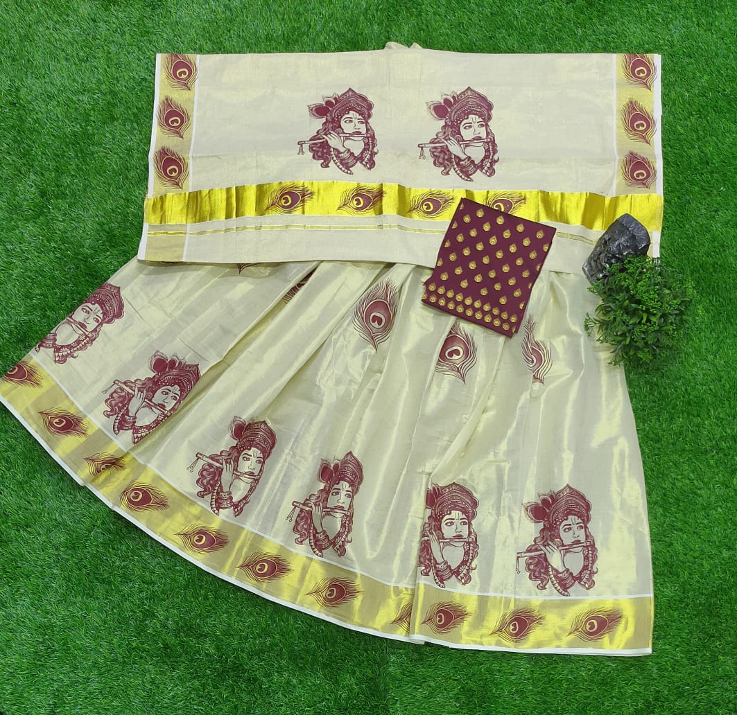 Golden Tissue Printed Dhavani Set