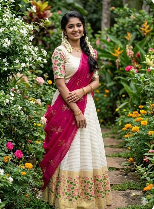 Elegant Tissue/ Cotton Dhavani Set with Handwork Shawl