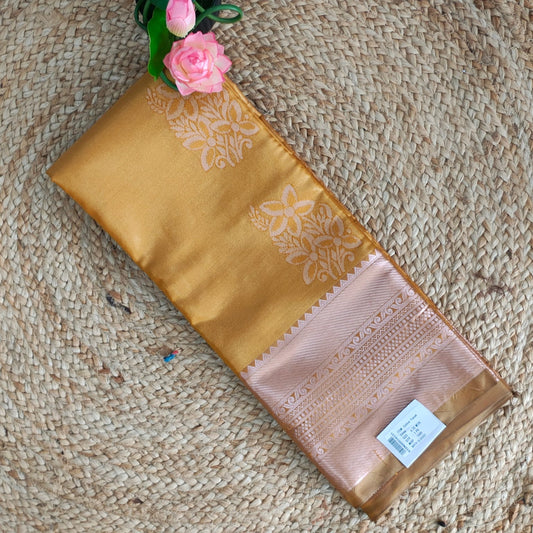 Semi Bridal Tissue Saree with Floral Weaving Design & Contrast Border