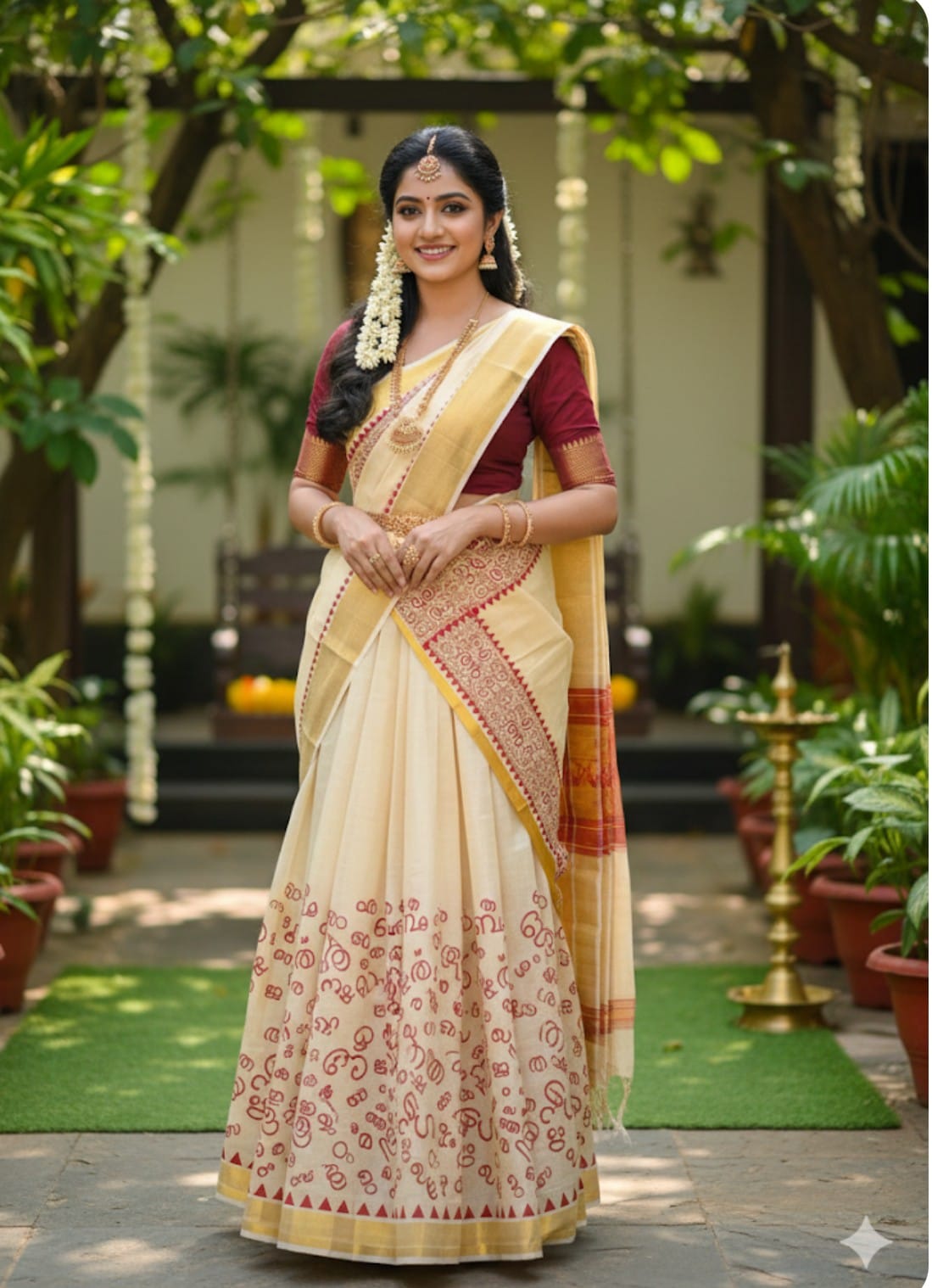 Aksharamala Gold Tissue Dhavani Set for Women | Traditional Kerala Style Half Saree