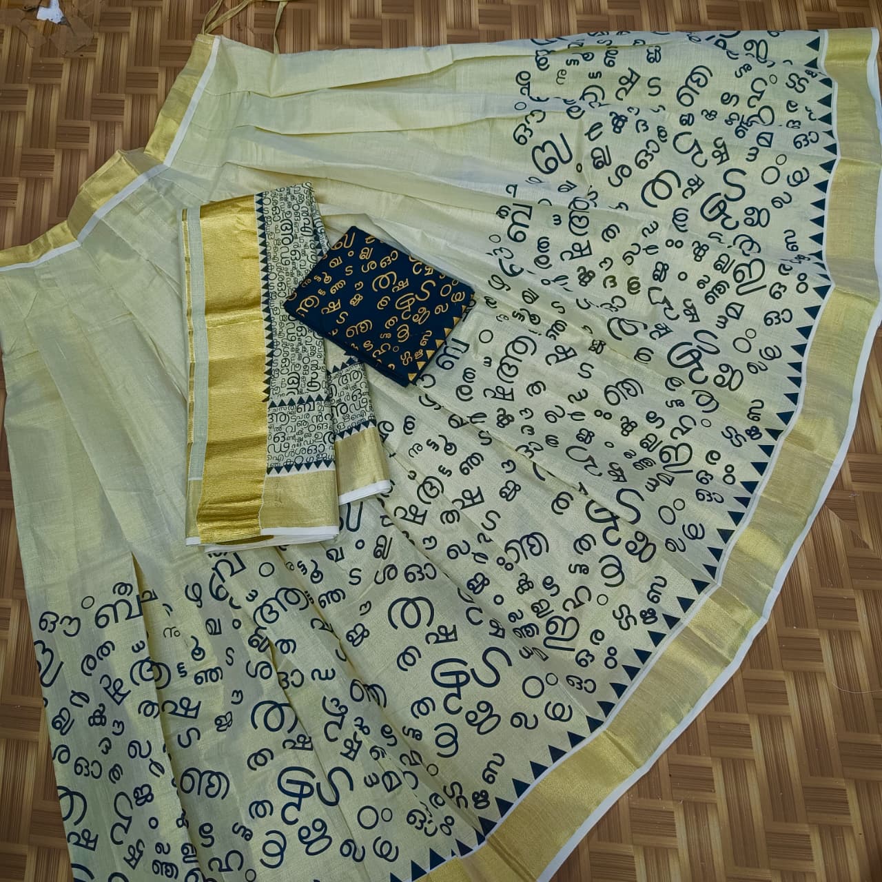 Aksharamala Gold Tissue Dhavani Set for Women | Traditional Kerala Style Half Saree