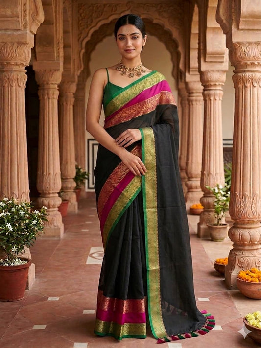 Pure Mul Cotton Saree with Traditional Zari Border & Tassels