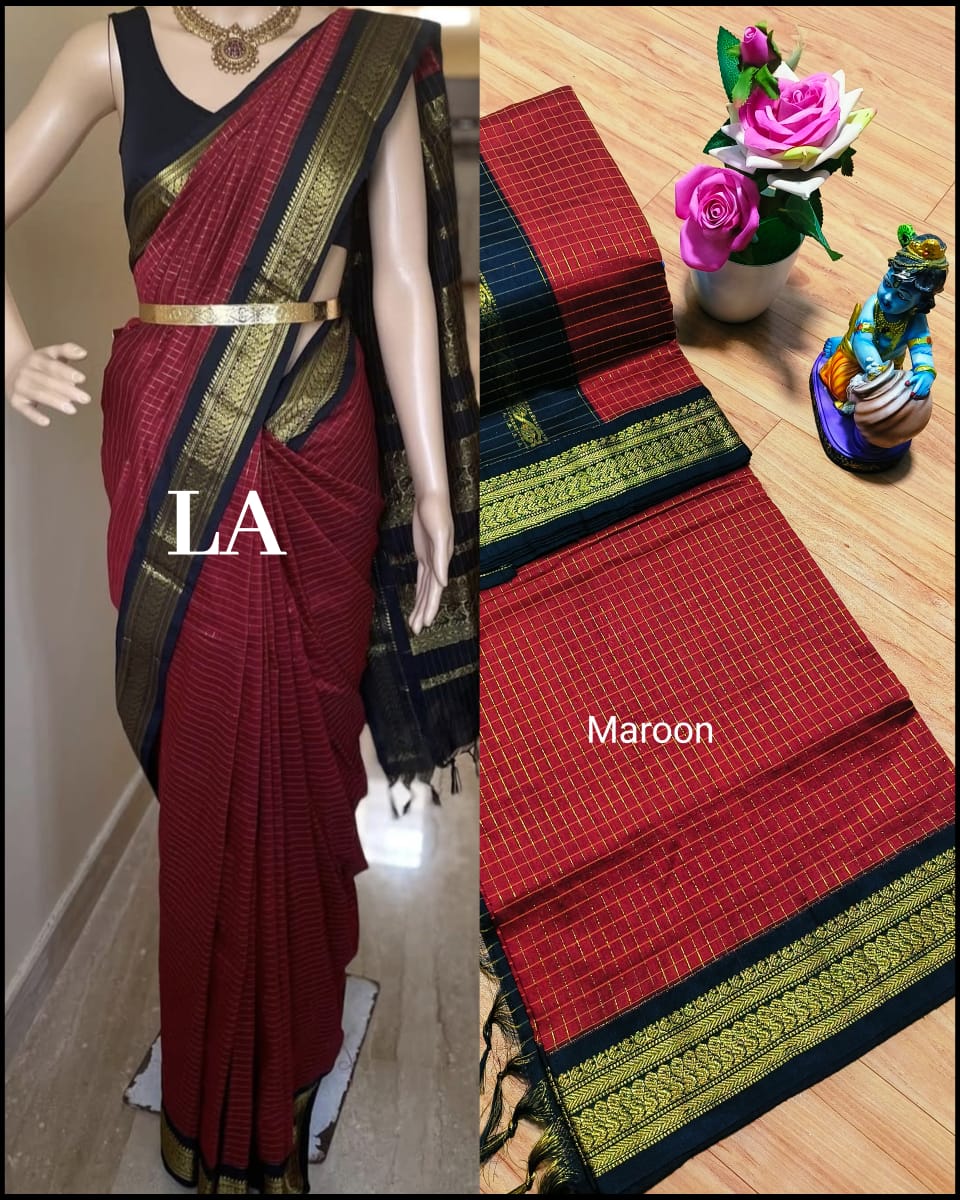 Kalyani Cotton Saree – Traditional Checked Design with Rich Contrast Border_❤️