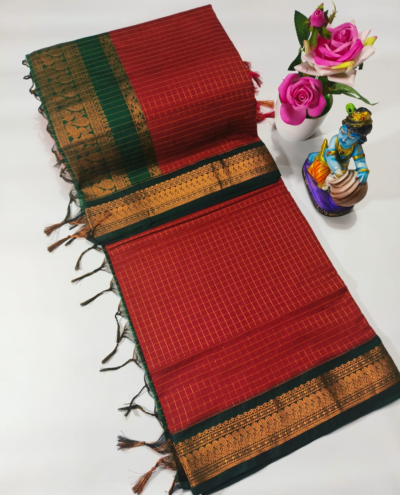 Kalyani Cotton Saree – Traditional Checked Design with Rich Contrast Border_❤️