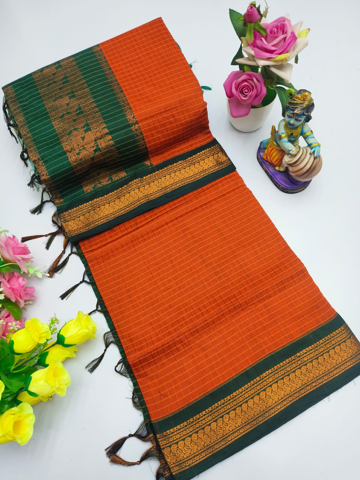 Kalyani Cotton Saree – Traditional Checked Design with Rich Contrast Border_❤️