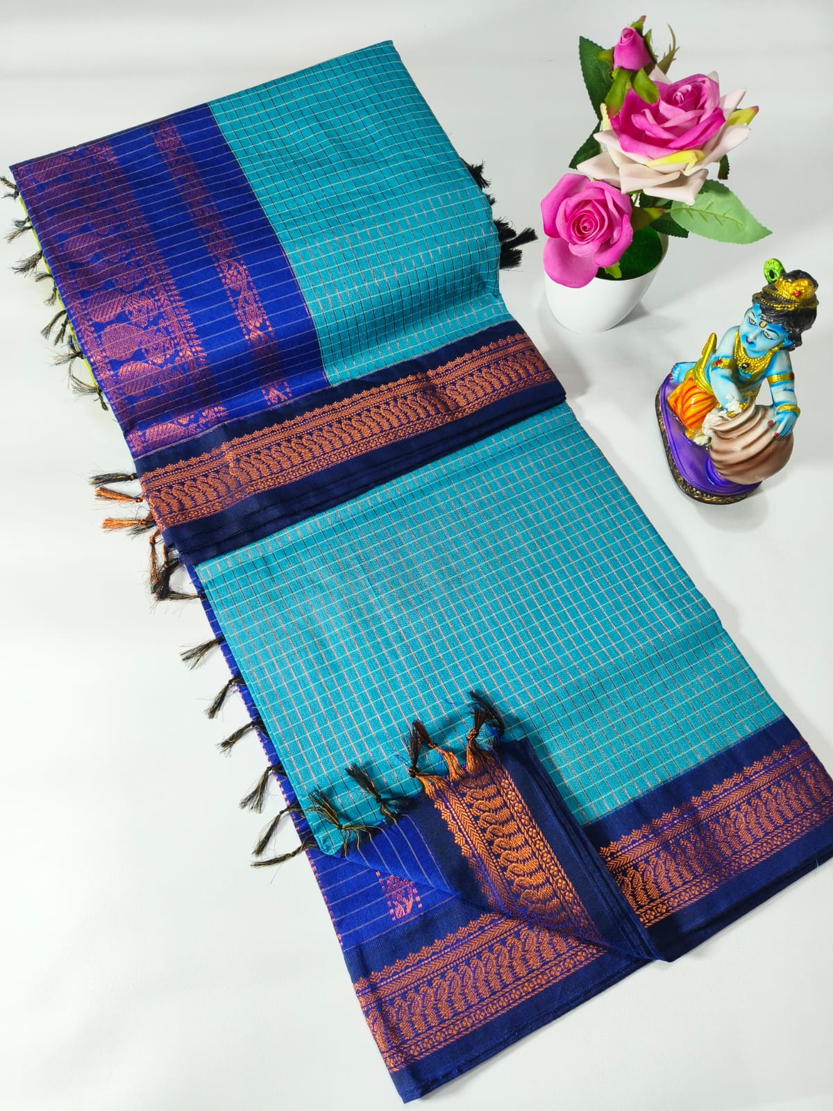 Kalyani Cotton Saree – Traditional Checked Design with Rich Contrast Border_❤️