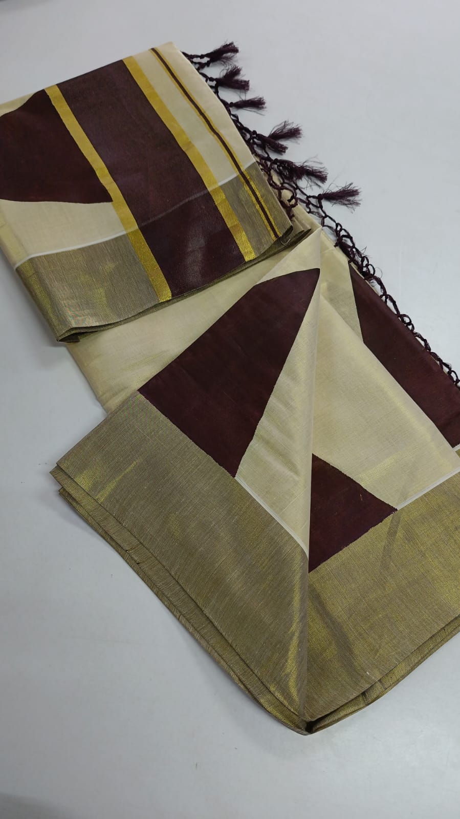 Golden tissue coffee brown temple print saree