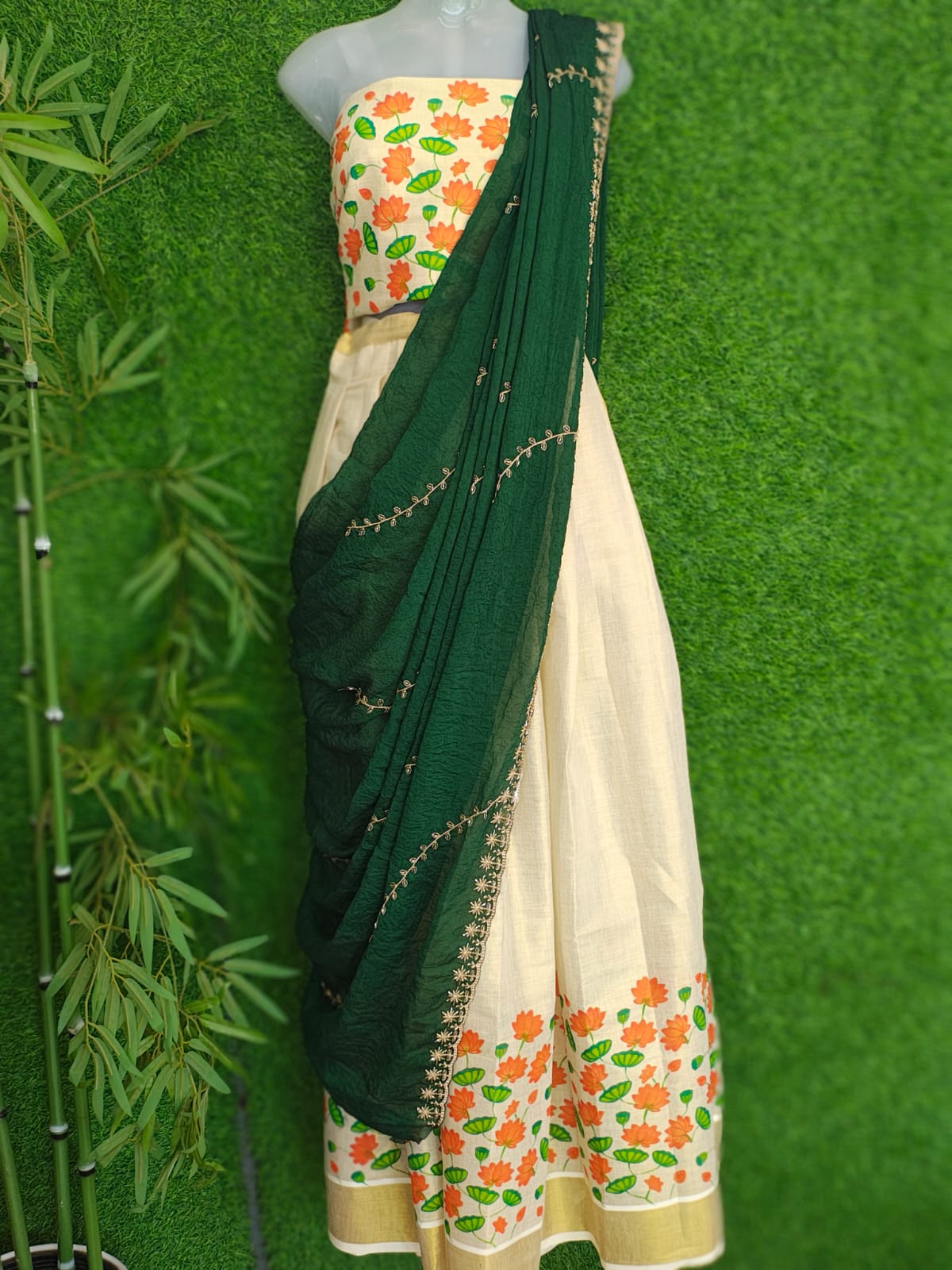 Elegant Tissue/ Cotton Dhavani Set with Handwork Shawl