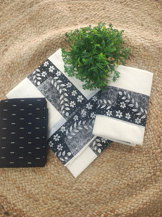 Elegant Printed Cotton Settu Mundu with Matching Blouse Piece♥️