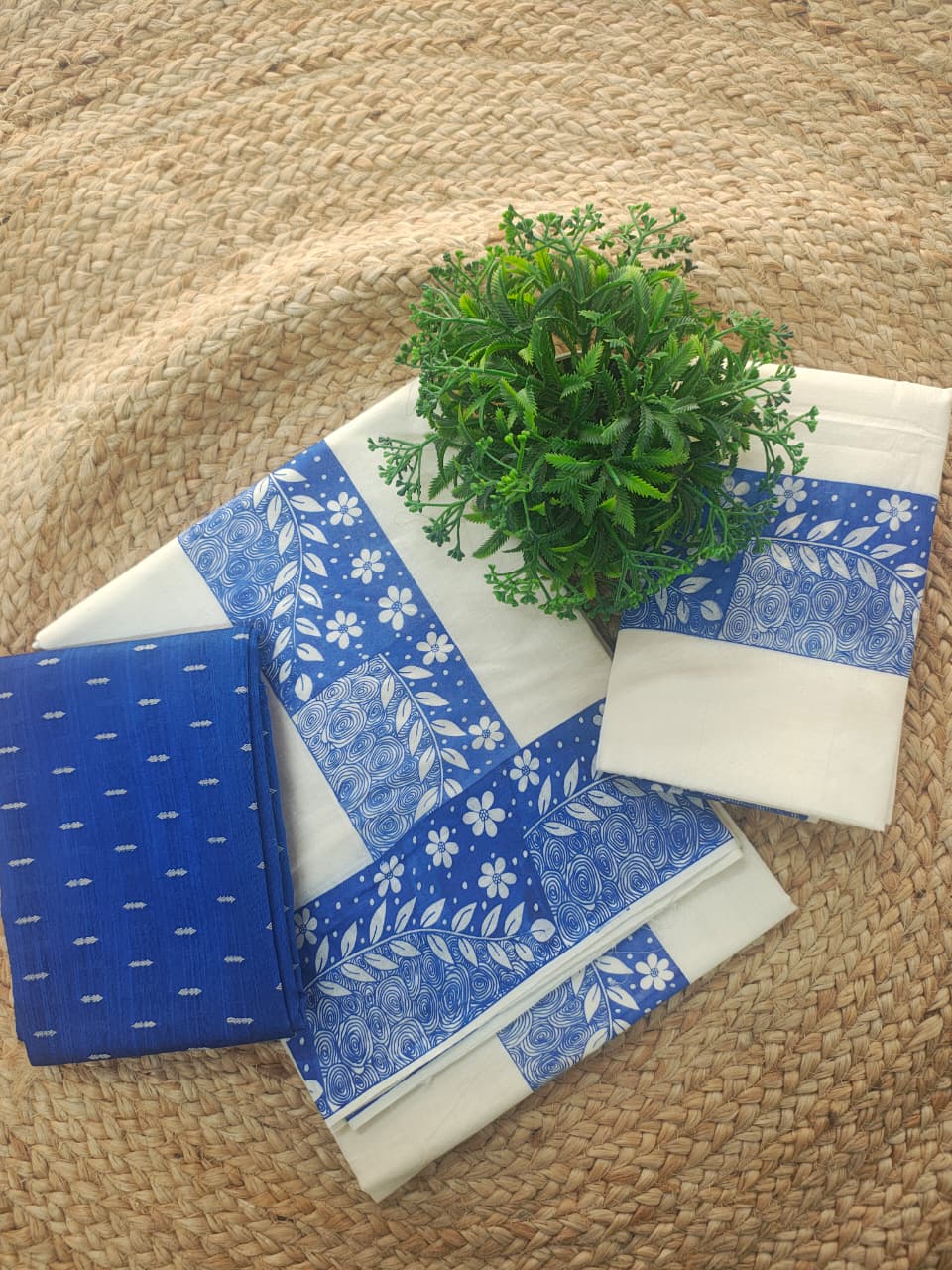 Elegant Printed Cotton Settu Mundu with Matching Blouse Piece♥️