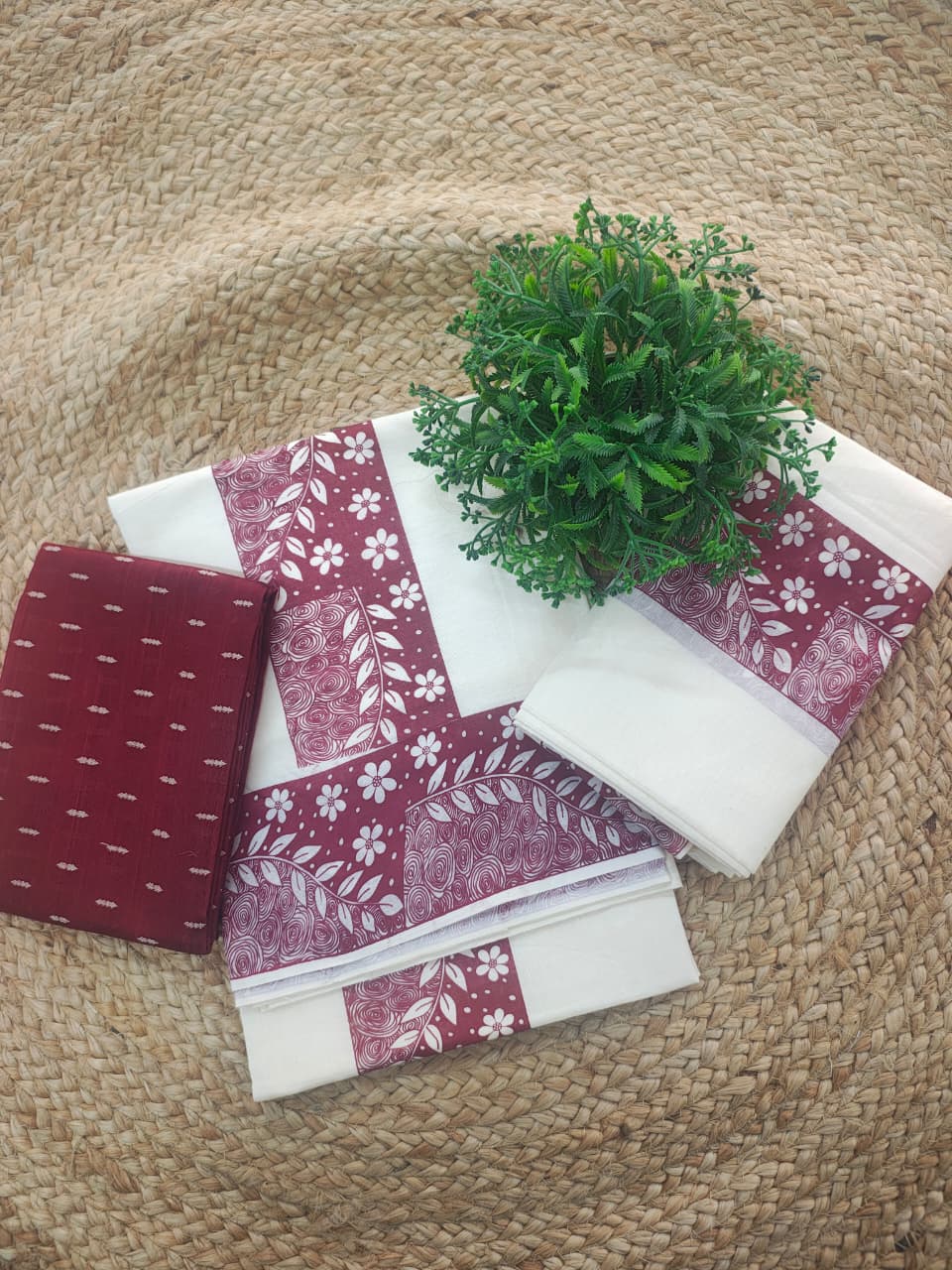 Elegant Printed Cotton Settu Mundu with Matching Blouse Piece♥️