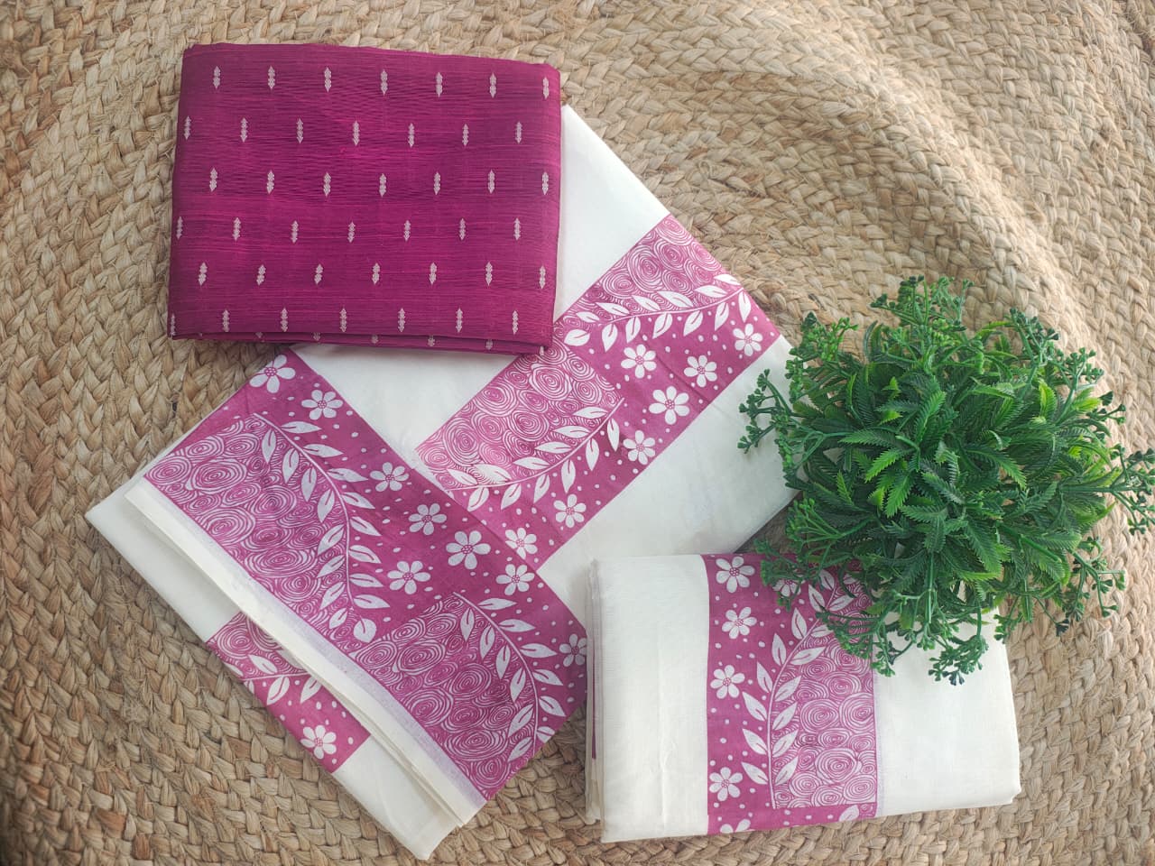 Elegant Printed Cotton Settu Mundu with Matching Blouse Piece♥️