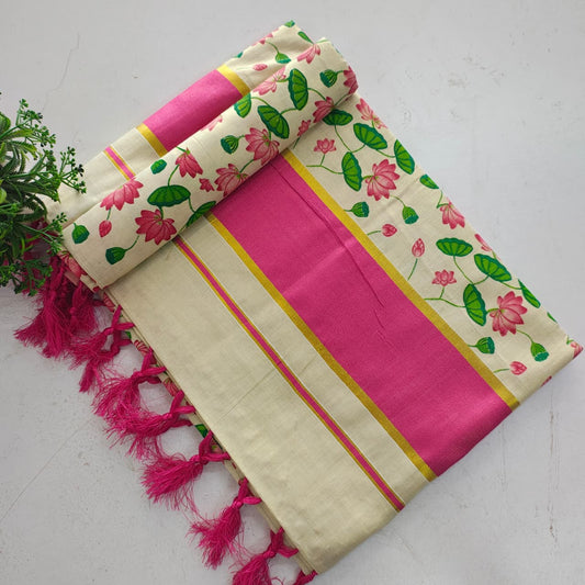 Lotus Print Kerala Tissue Saree with Kasavu Border