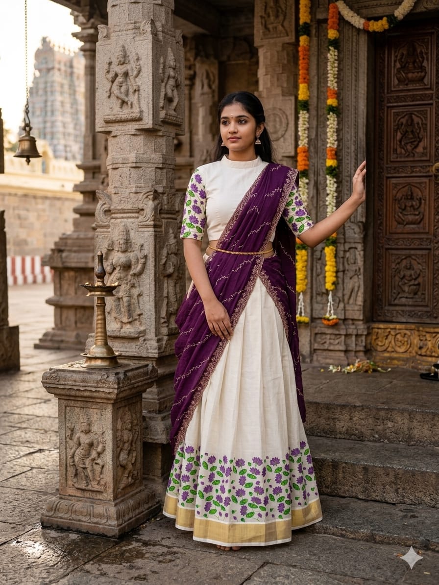 Elegant Tissue/ Cotton Dhavani Set with Handwork Shawl