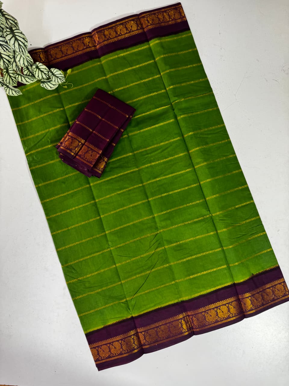 *Veldhari Cotton Saree with Rich Zari Lines &amp; Contrast Temple Border*