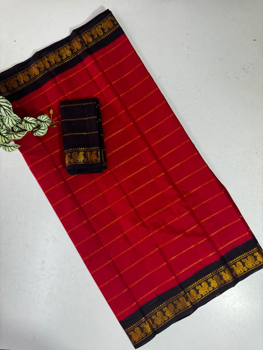*Veldhari Cotton Saree with Rich Zari Lines &amp; Contrast Temple Border*
