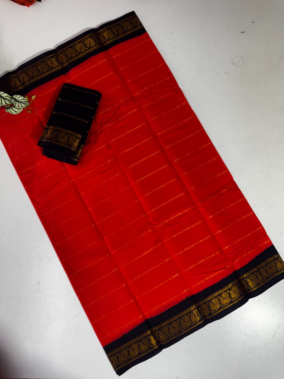 *Veldhari Cotton Saree with Rich Zari Lines &amp; Contrast Temple Border*