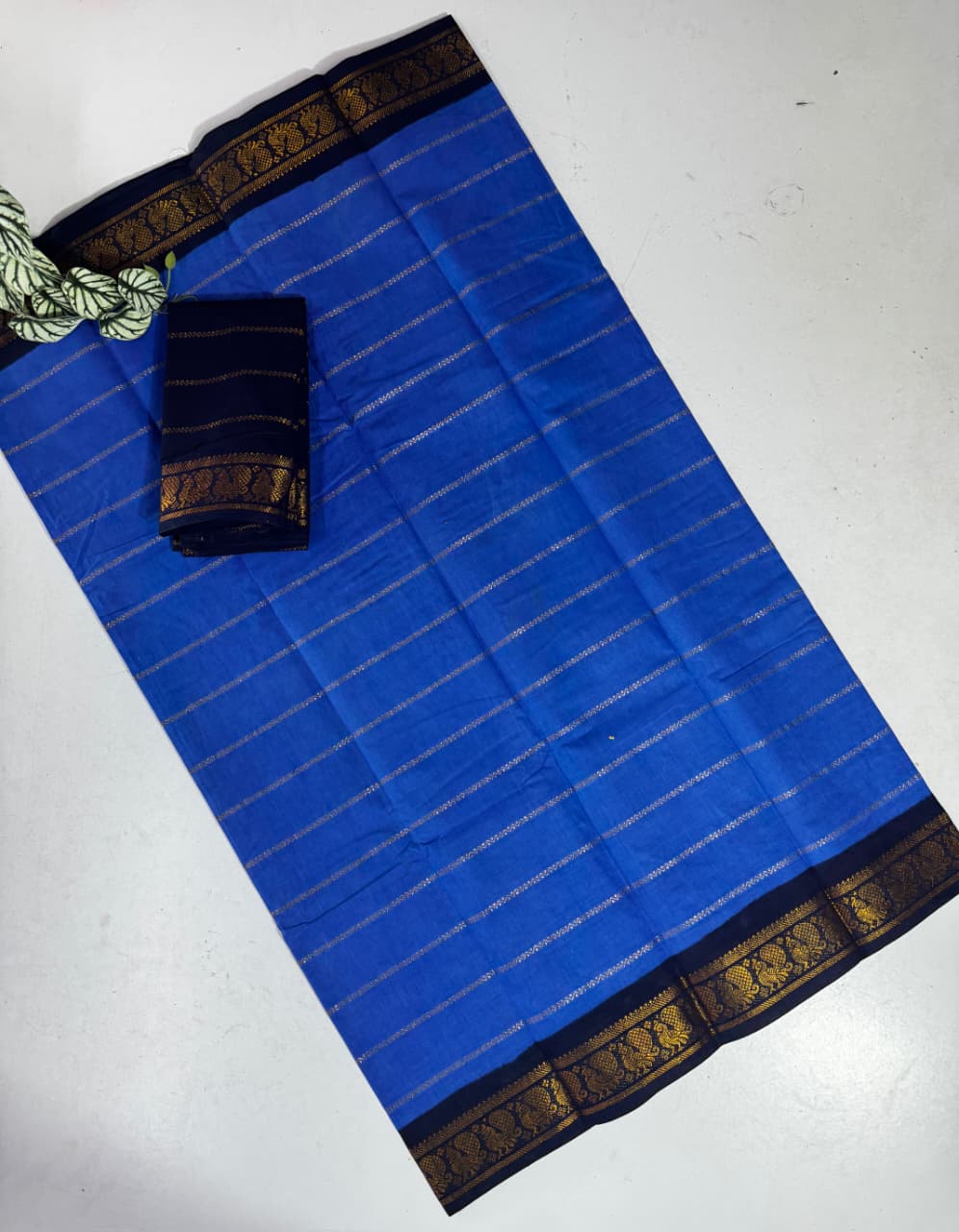 *Veldhari Cotton Saree with Rich Zari Lines &amp; Contrast Temple Border*