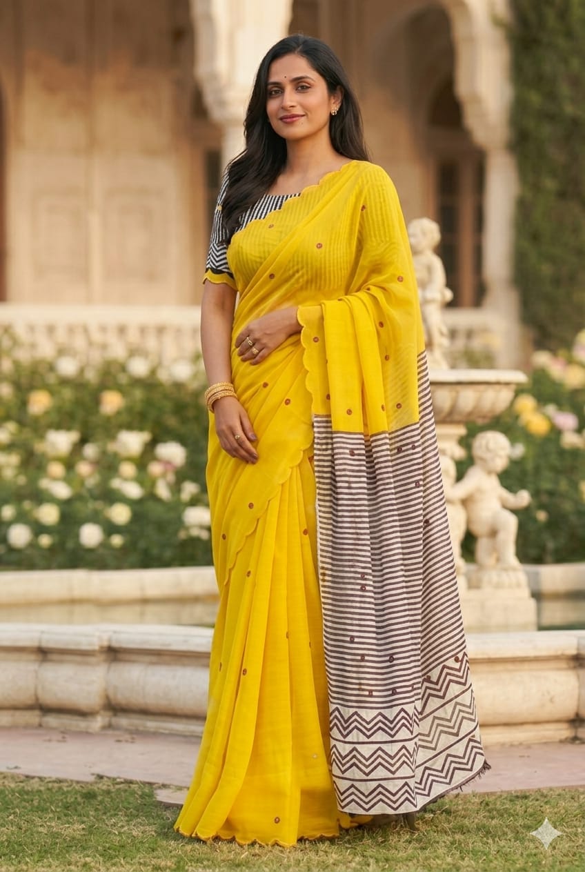 💛 Sunflower Grace Linen Cotton Saree with Sequins Work Pallu&nbsp;